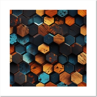 Geometric Timber: Crystalline Hexagons in Amber and Blue Posters and Art